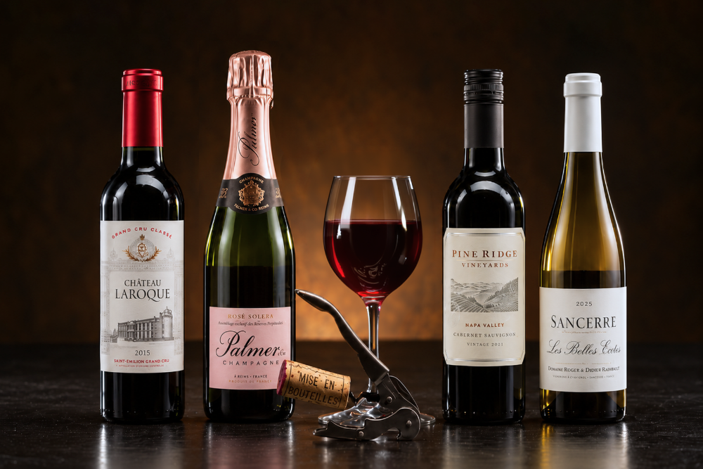 Four 375ml half bottles of wine from Sancerre, Napa Valley, Champagne and Saint-Émilion on a tasting table